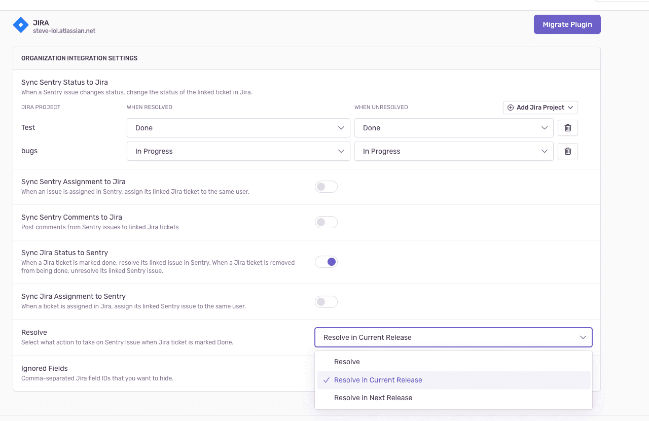 Sync Jira statuses to Sentry